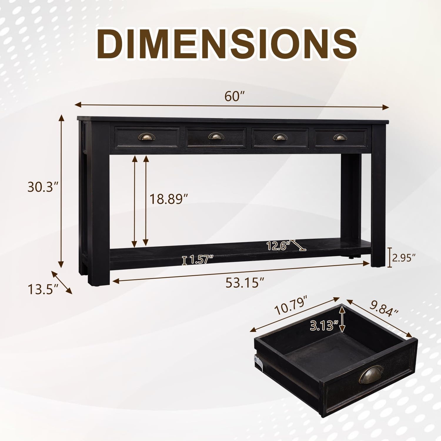 Long Sofa Table – Black 60 Inch Console Tables with 4 Drawers for Living Room