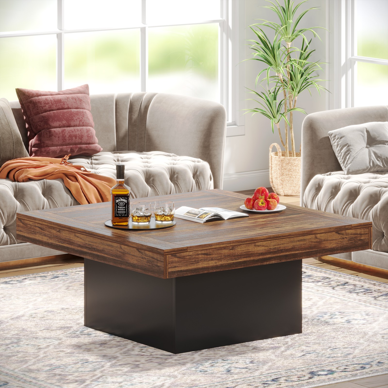 35″ Modern Square Coffee Table with Led Light, Wood Center Table for Living Room