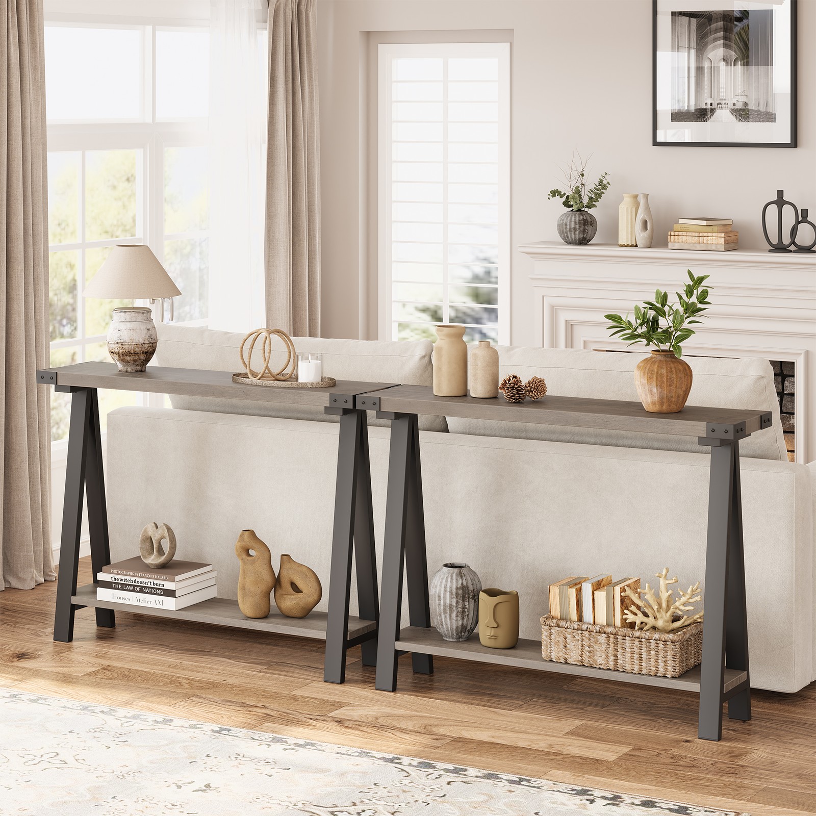 43.3-Inch Farmhouse Console Table, 2-Tier Wooden Entryway Table with Storage