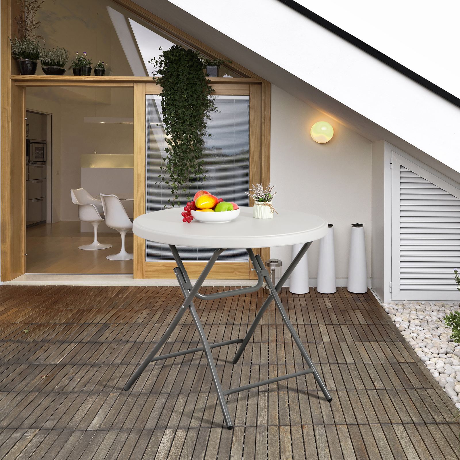 White Round Folding Table Plastic HDPE Table Sturdy Frame Indoor Outdoor Use 32″