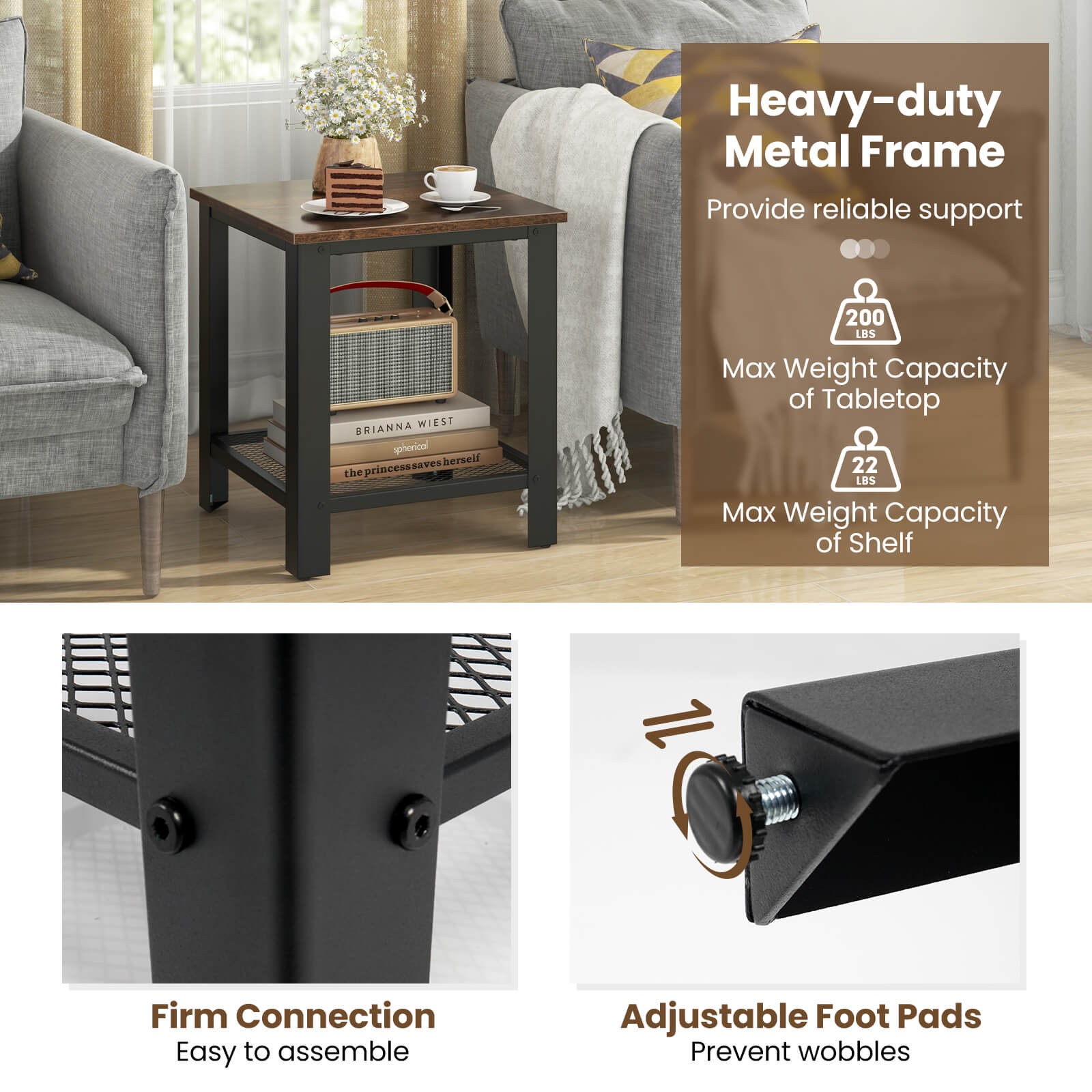 Industrial End Table 2-Tier Side Table W/Storage Shelf Rustic Sofa Table Black