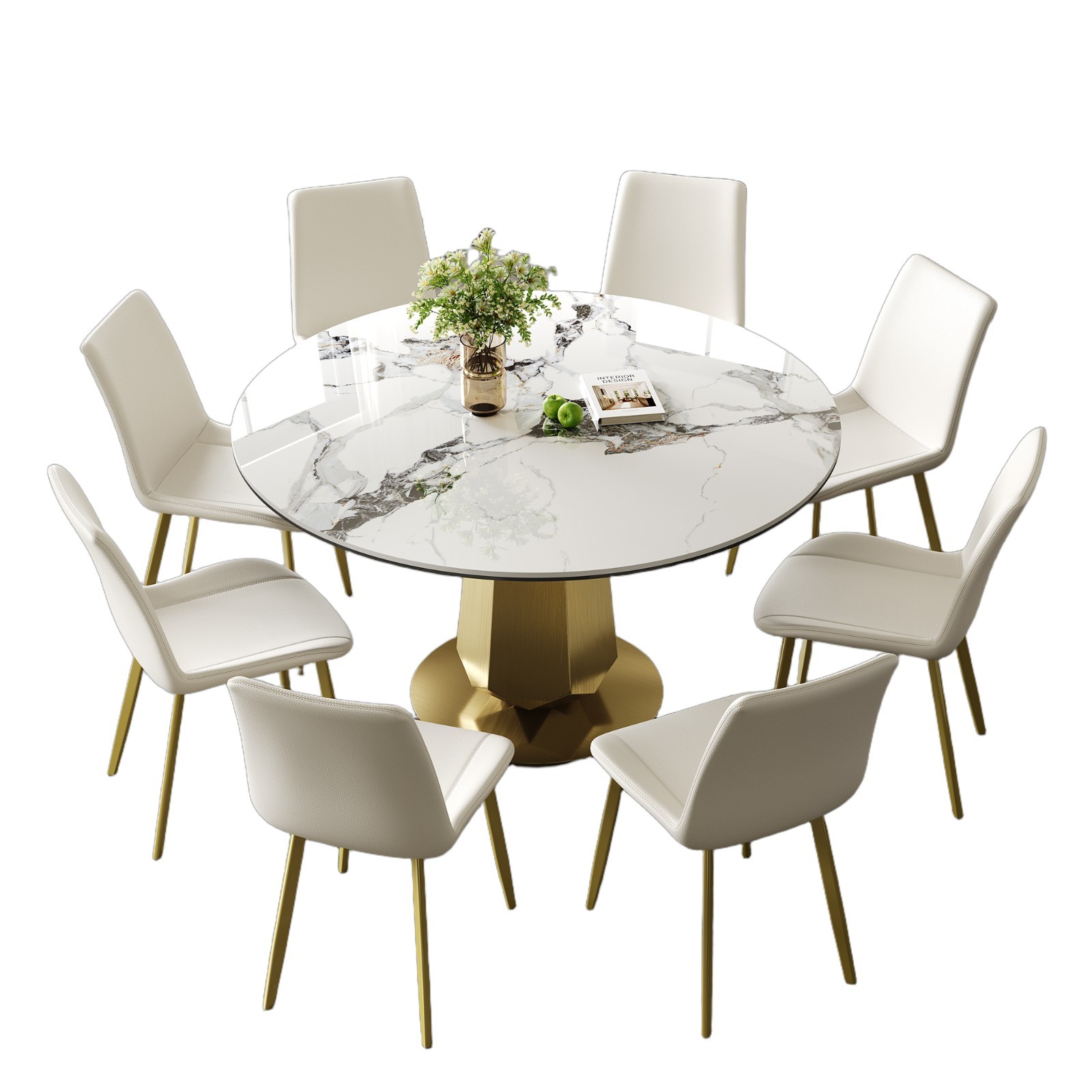 53″ Luxury Round Stone Table Gold Base Saves Space Fits 4-8