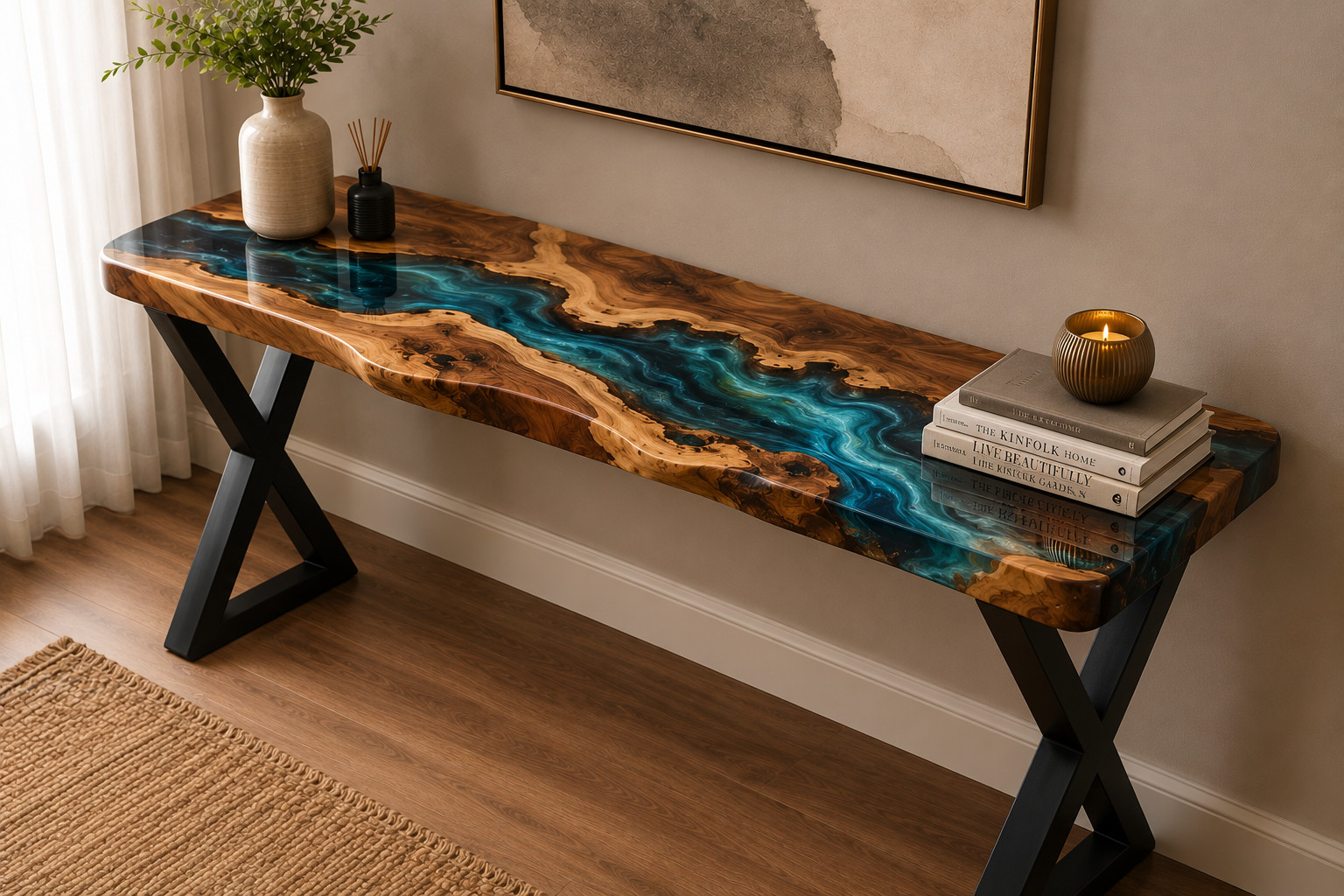 Handmade Live Edge Walnut Epoxy River Console Table | Blue Resin Entryway Table