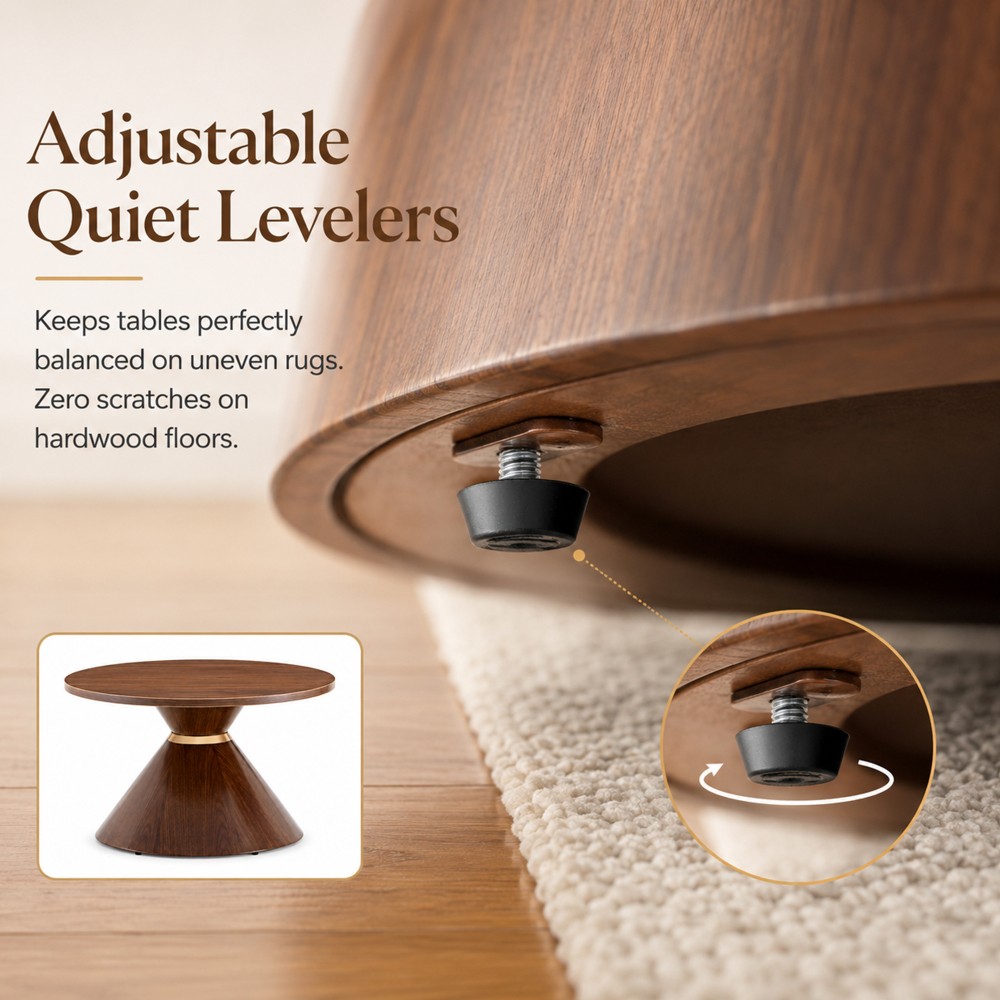 2-Piece Round Coffee Table Set, Walnut Top Metal Base, Nut Brown