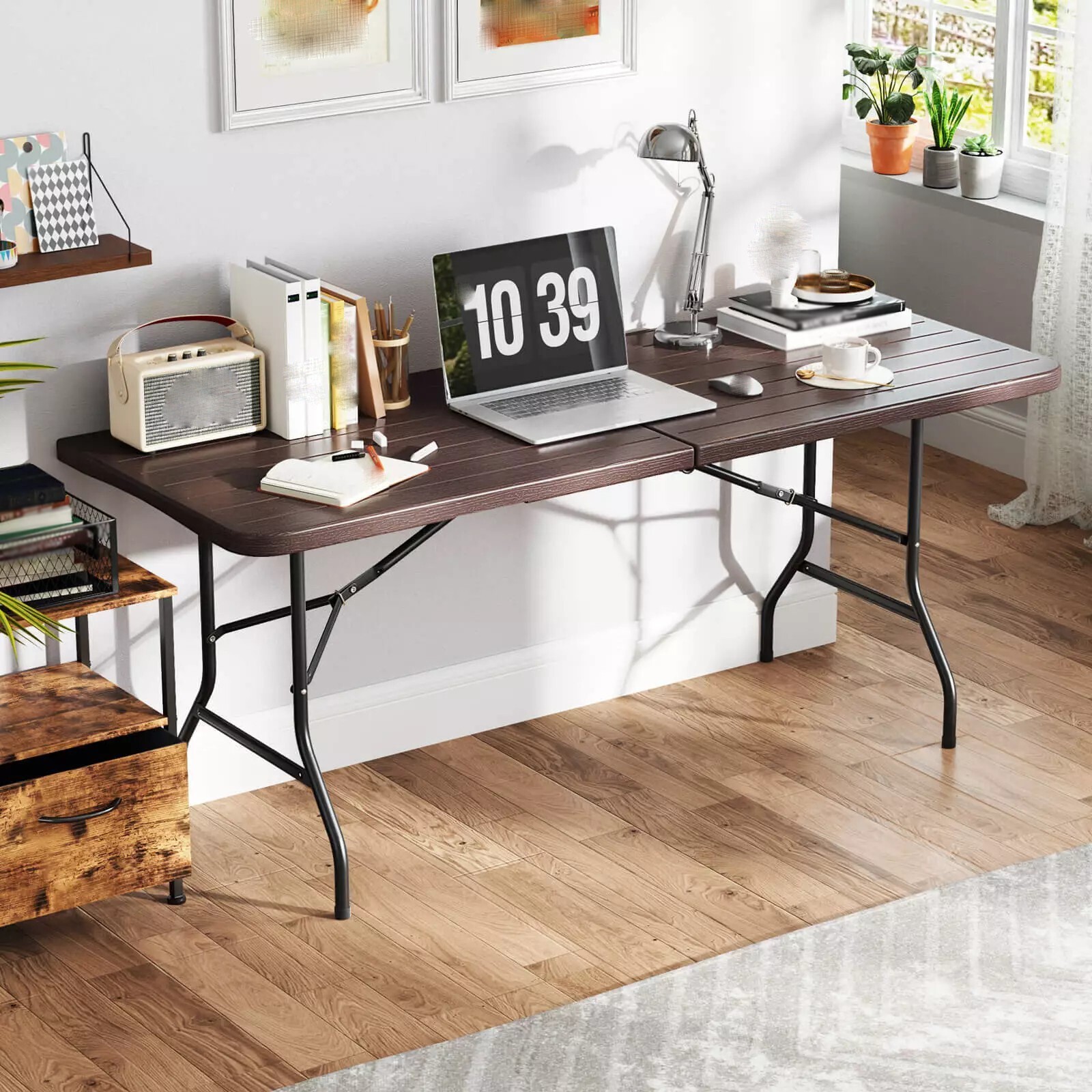 6 ft Portable Folding Table w/ Wood Grain HDPE Tabletop Safe Lock Mechanism