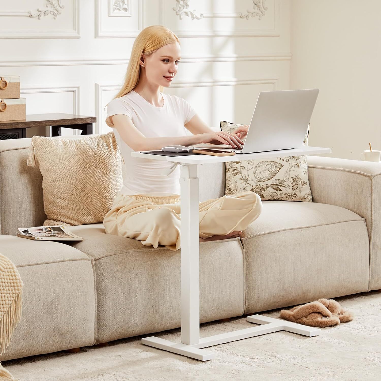 Overbed Bedside Table with Wheels Adjustable Hospital Home Use Bed Laptop Table