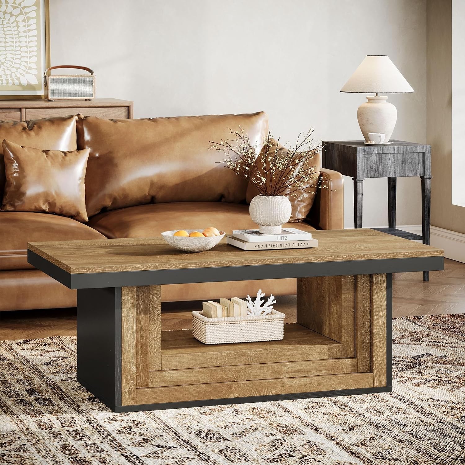 Rectangular Open Storage Coffee Table 120cm Rustic Ribbed Center Table w/ Shelf