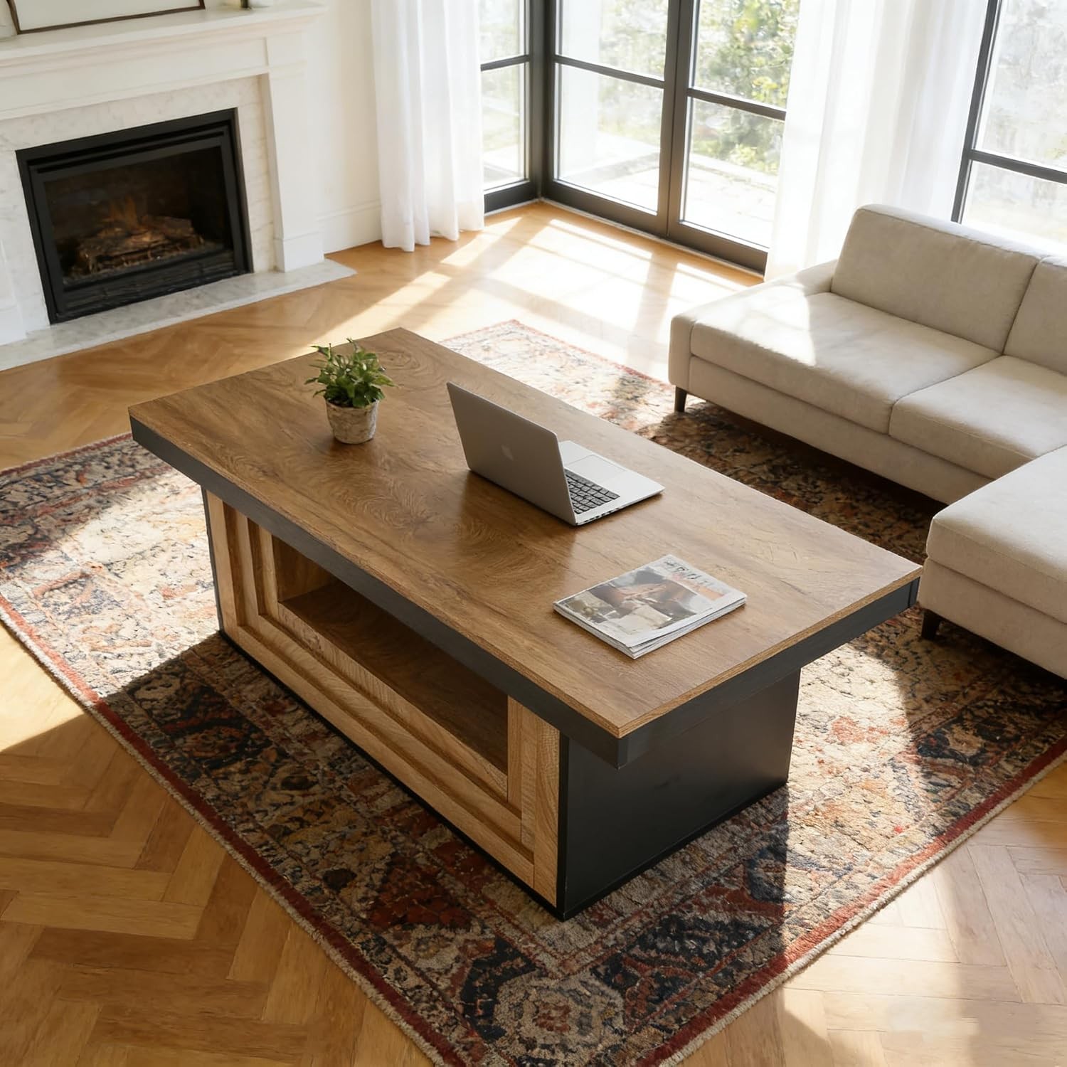 Rectangular Open Storage Coffee Table 120cm Rustic Ribbed Center Table w/ Shelf