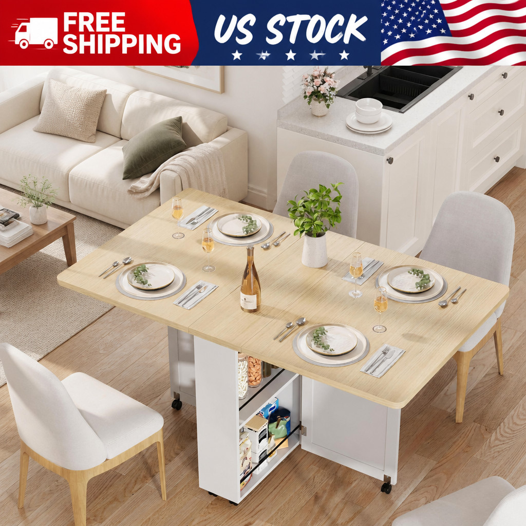 Folding Dining Table with Storage, Space Saving Kitchen Table with 6 Wheels
