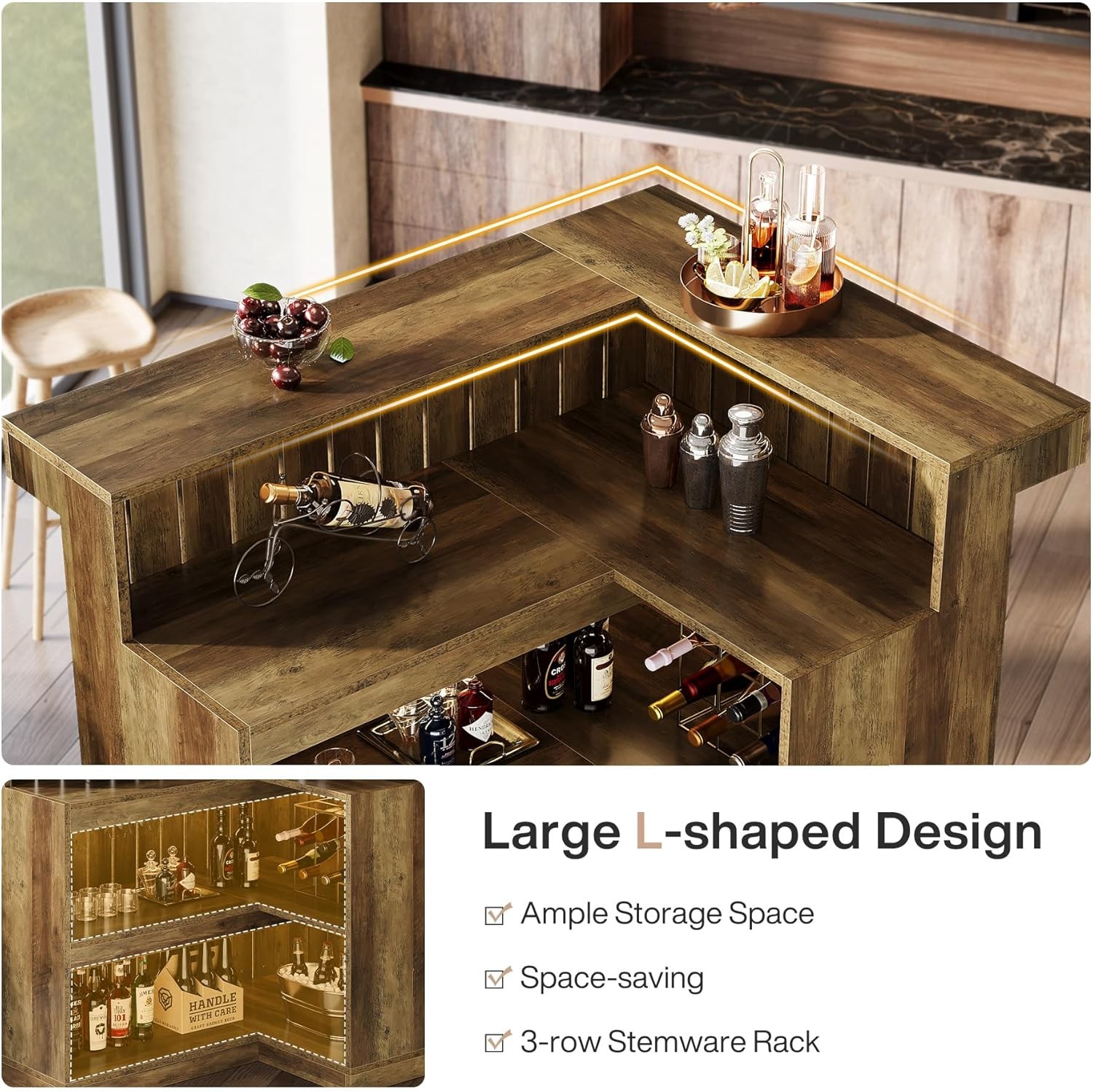 L Shaped Bar Table with Storage Shelves Industrial 4-Tier Corner Home Bar Unit