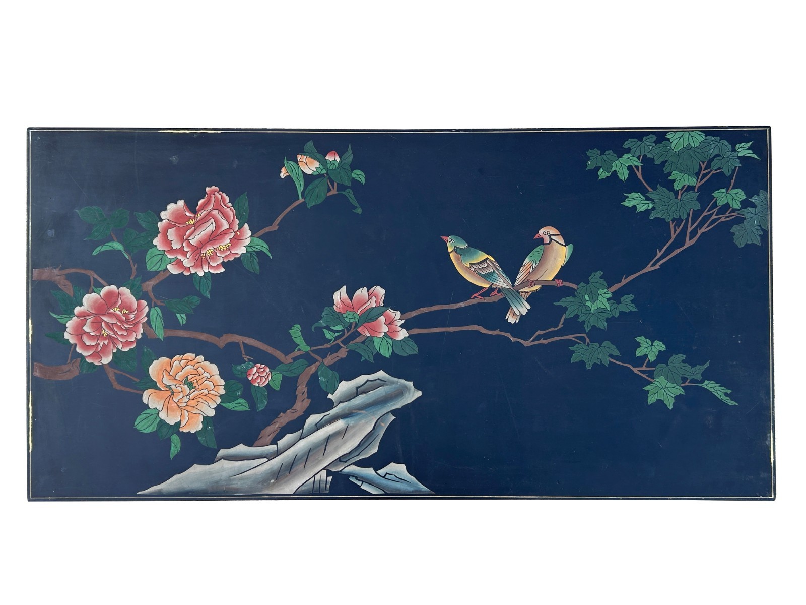 Chinese Black Lacquer Flower Birds Graphic Rectangular Low Coffee Table GB144