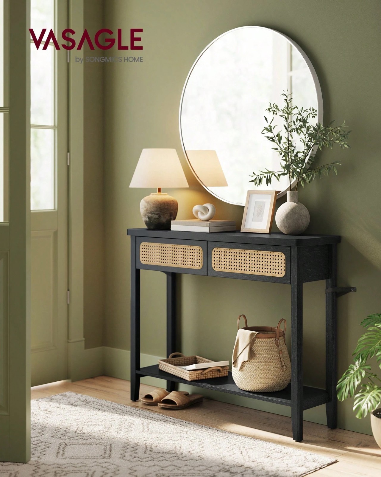 Boho Console Table for Entryway 2 PVC Rattan Drawers Narrow Sofa Table Black