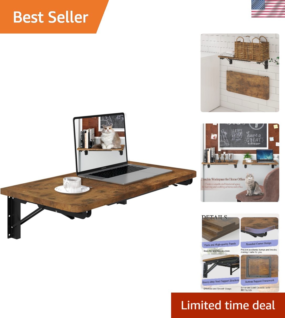 Drop Leaf Wall Desk – Elegant Brown Table for Kitchen or Laundry Use