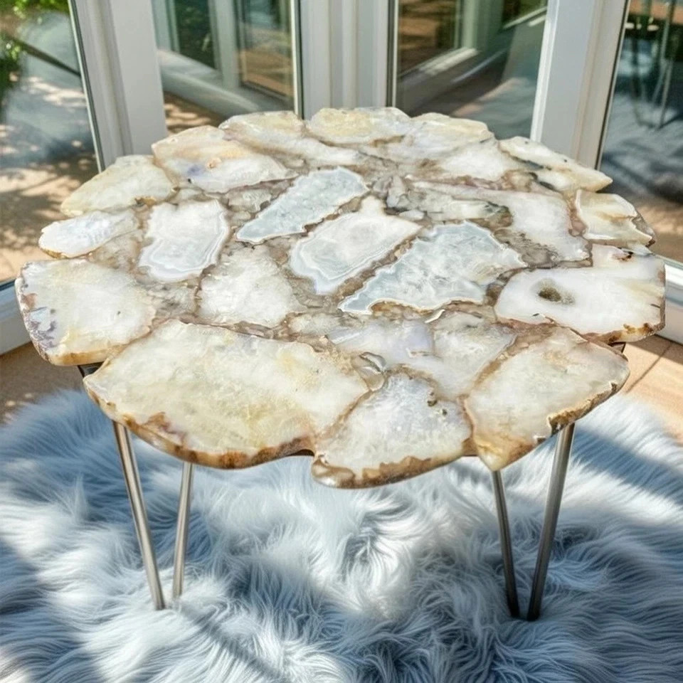 White Agate Coffee Table Top – Modern Sunroom Decor, Natural Stone Slab