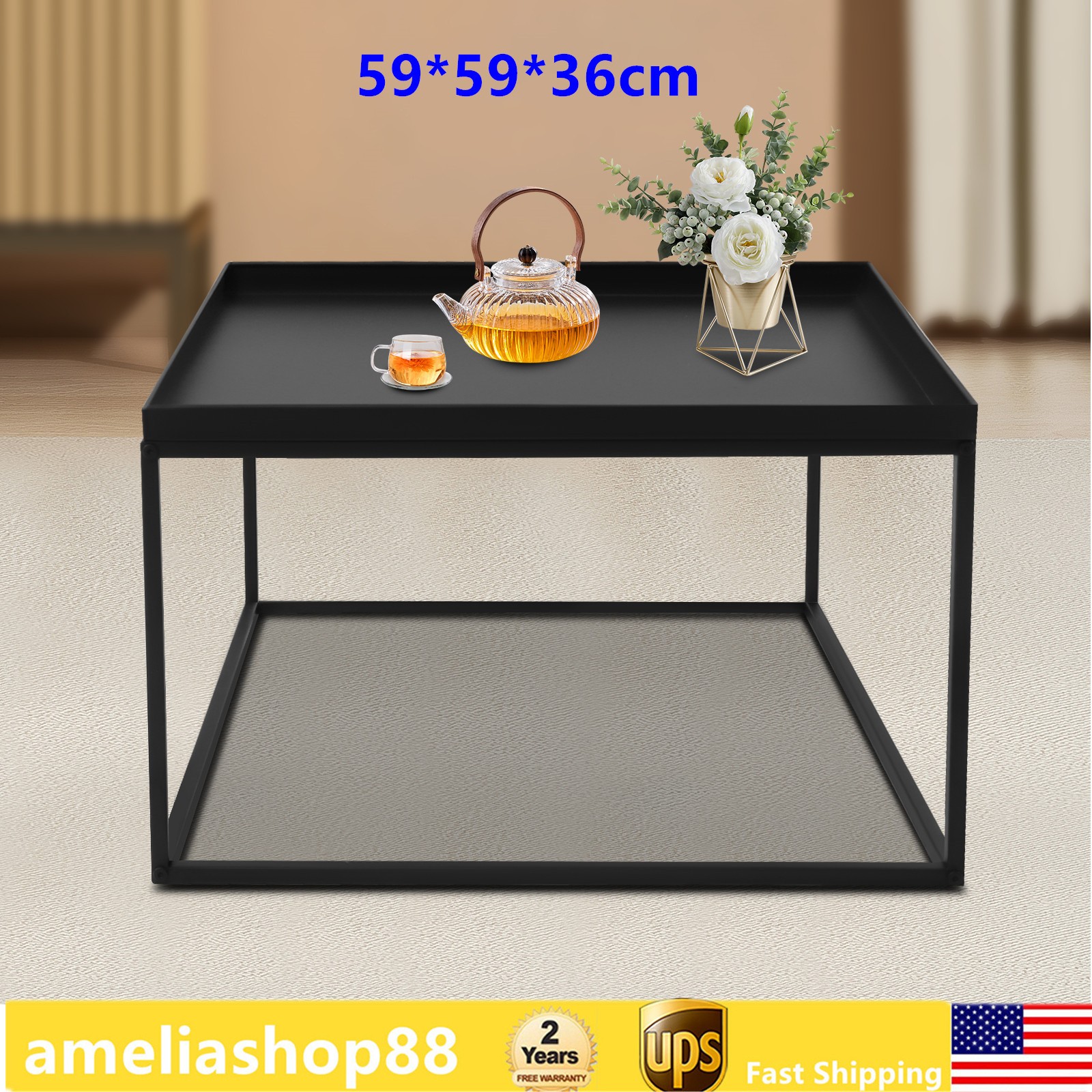 59cm Metal Square Coffee Table End Table/Side Table For Office Home Matt Black