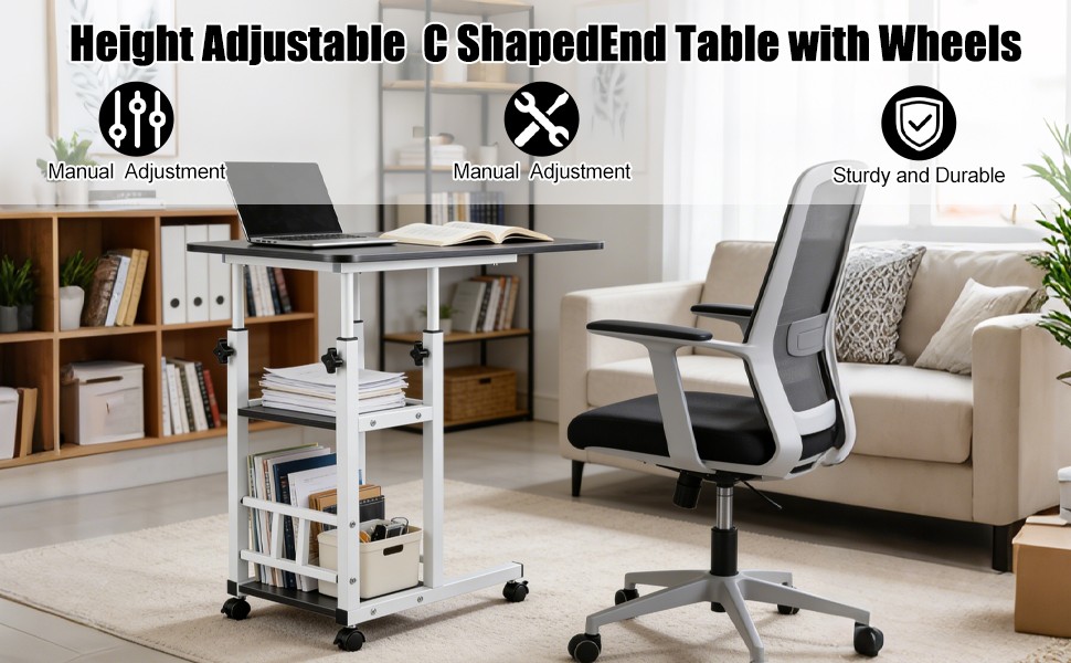 Height Adjustable C Table on Wheels with Storage Shelves Sofa End Table