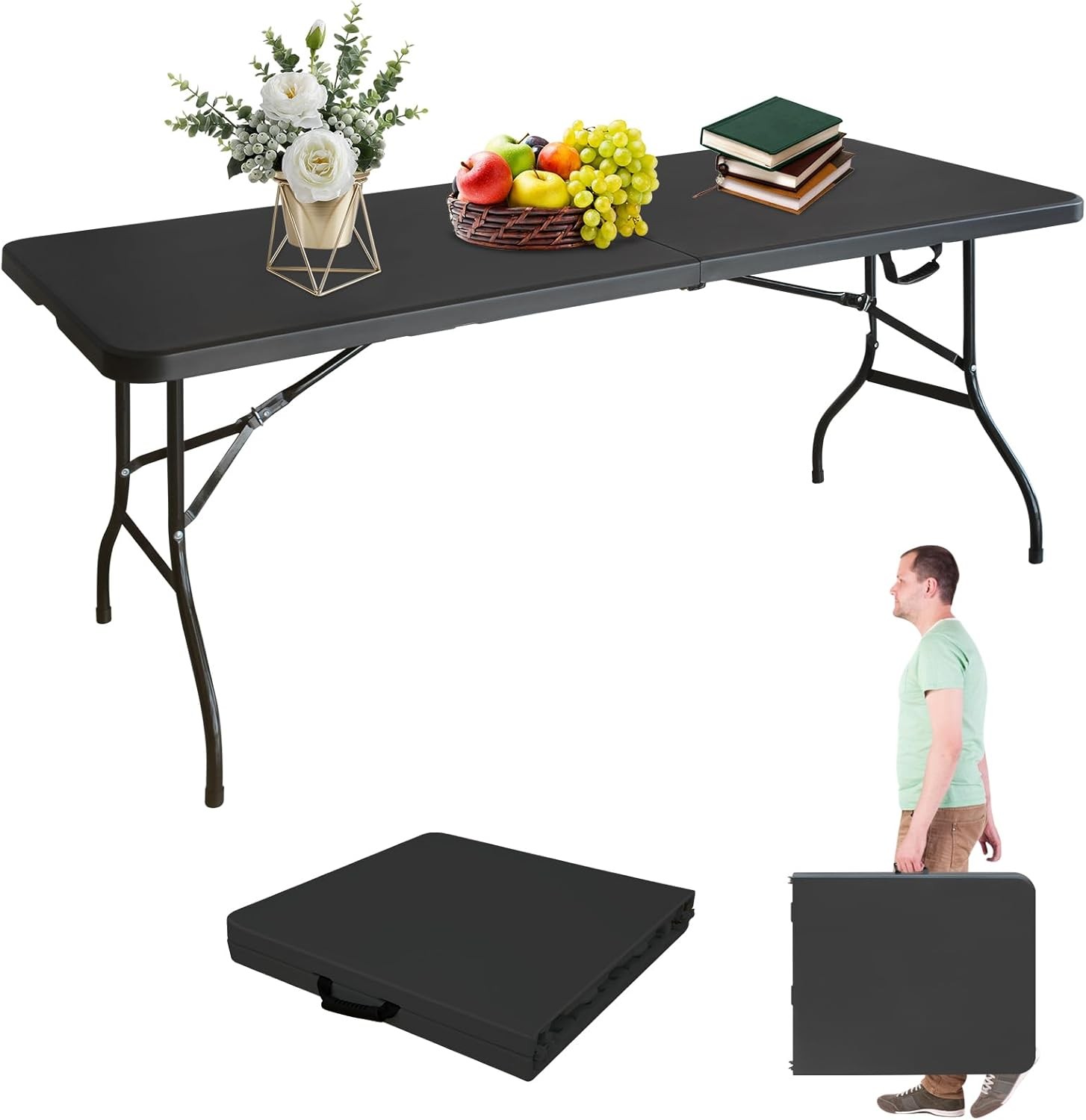 Portable 6Ft Folding Table Heavy Duty Plastic Black