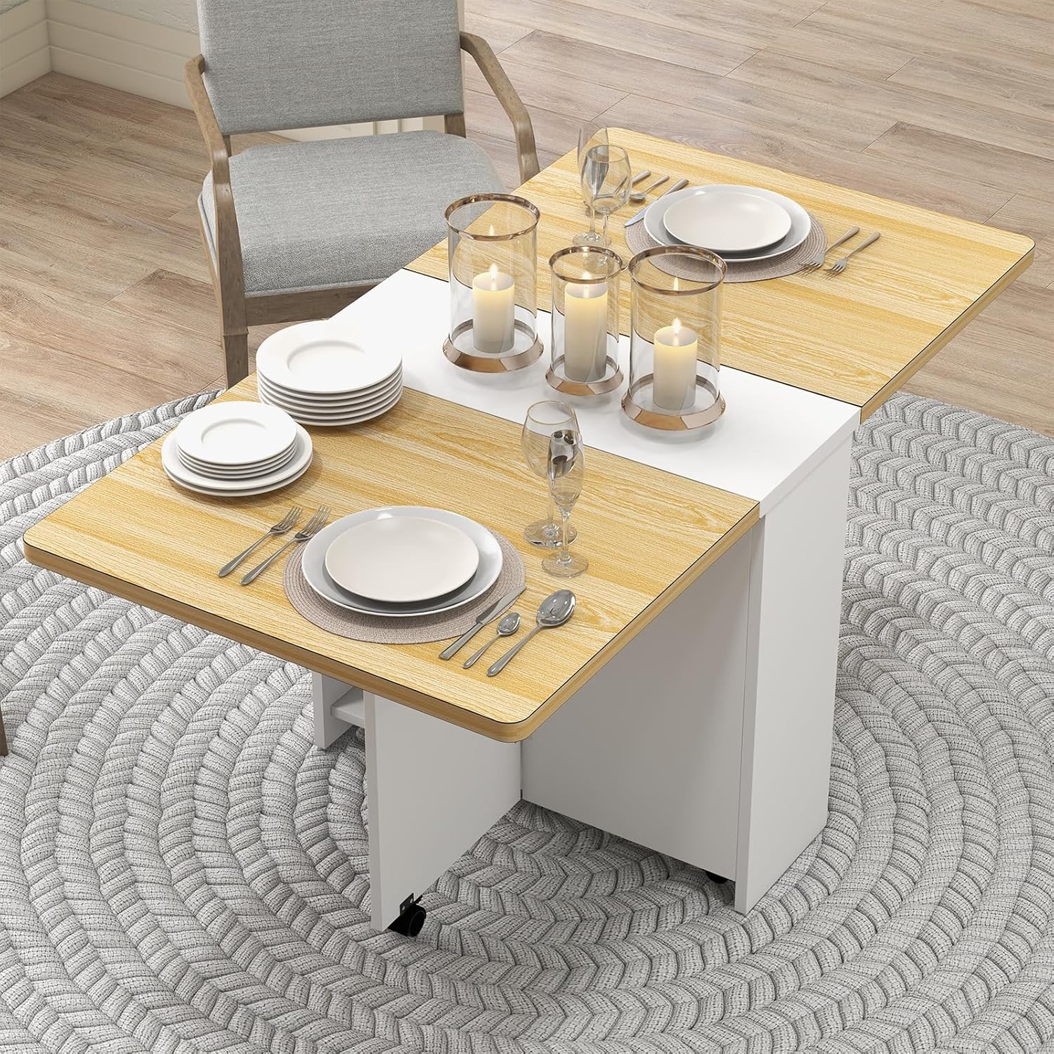 Folding Dining Table with 6 Wheels Storage Racks for Small Kitchen Saving Space