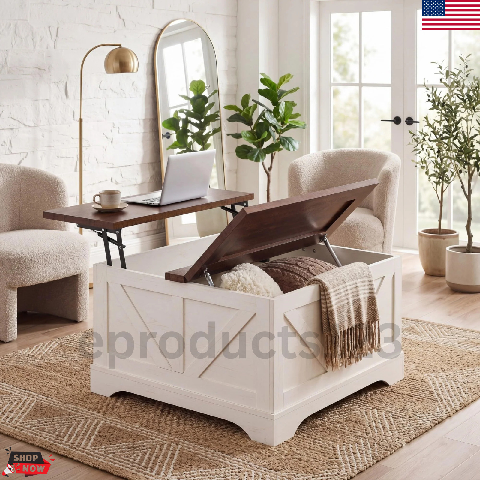 Lift Top Coffee Table with Storage Farmhouse Hidden Compartment Barn Door Desk