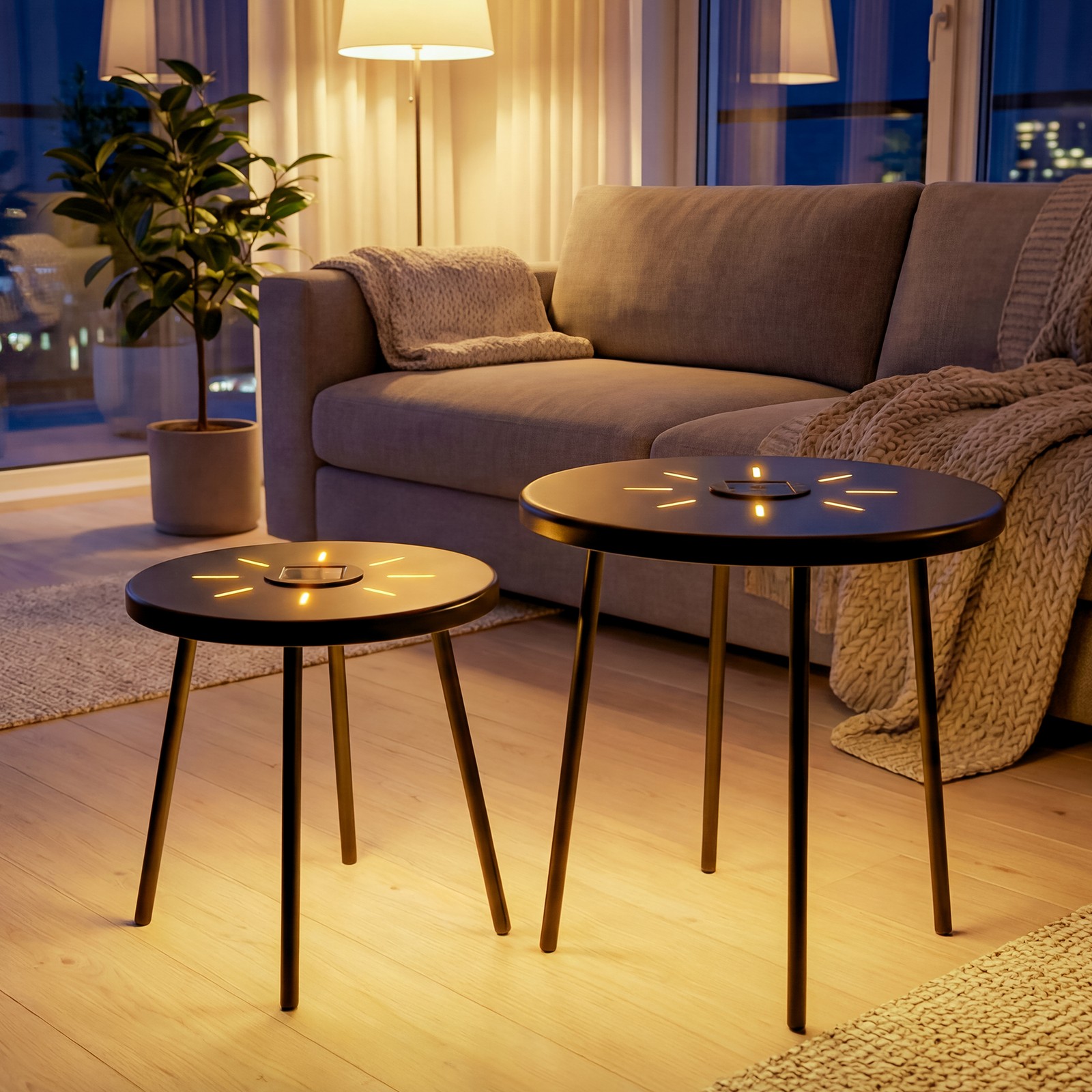 Solar Powered LED Side Table Set, 2-Pack Black Metal Nesting Round
