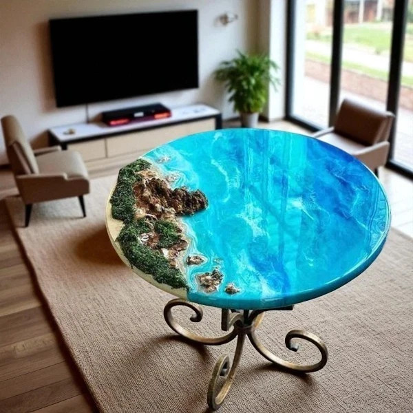 18″ Epoxy Ocean Wave Coffee Table Coastal Inspired Tabletop For Home Decor