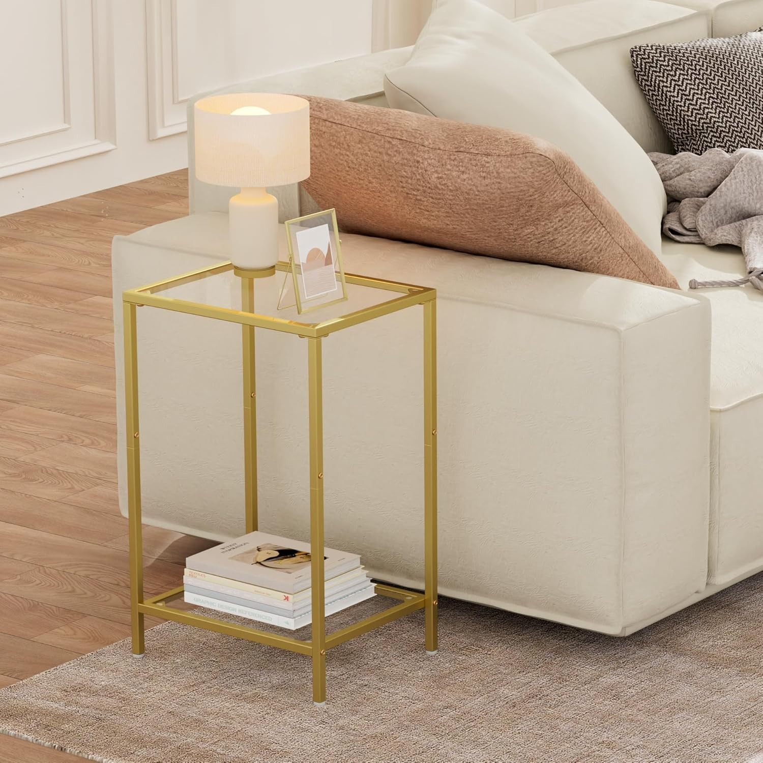 Versatile 2-Pack End Tables in Polished Gold with Glass Top & Adjustable Feet