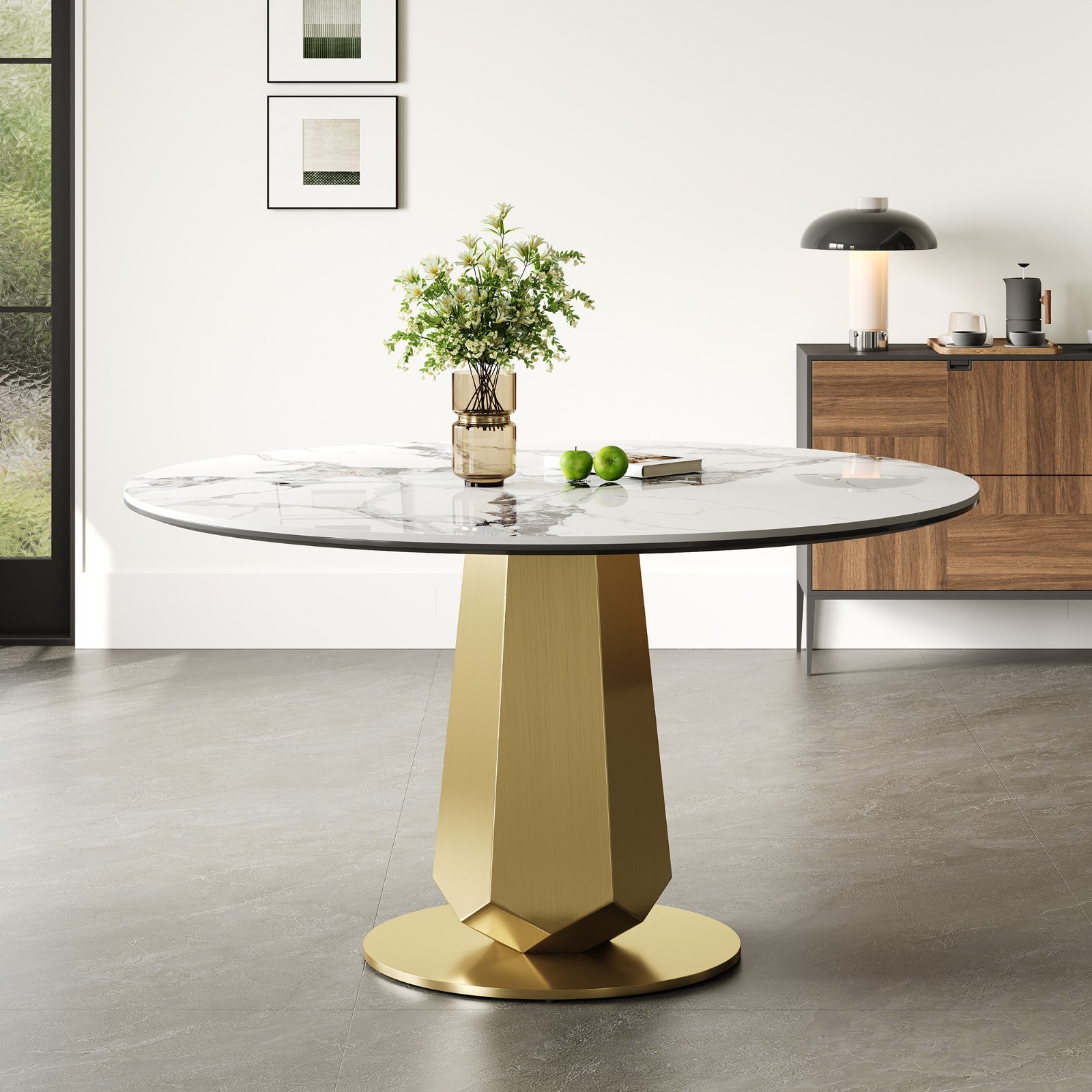 53″ Luxury Round Stone Table Gold Base Saves Space Fits 4-8