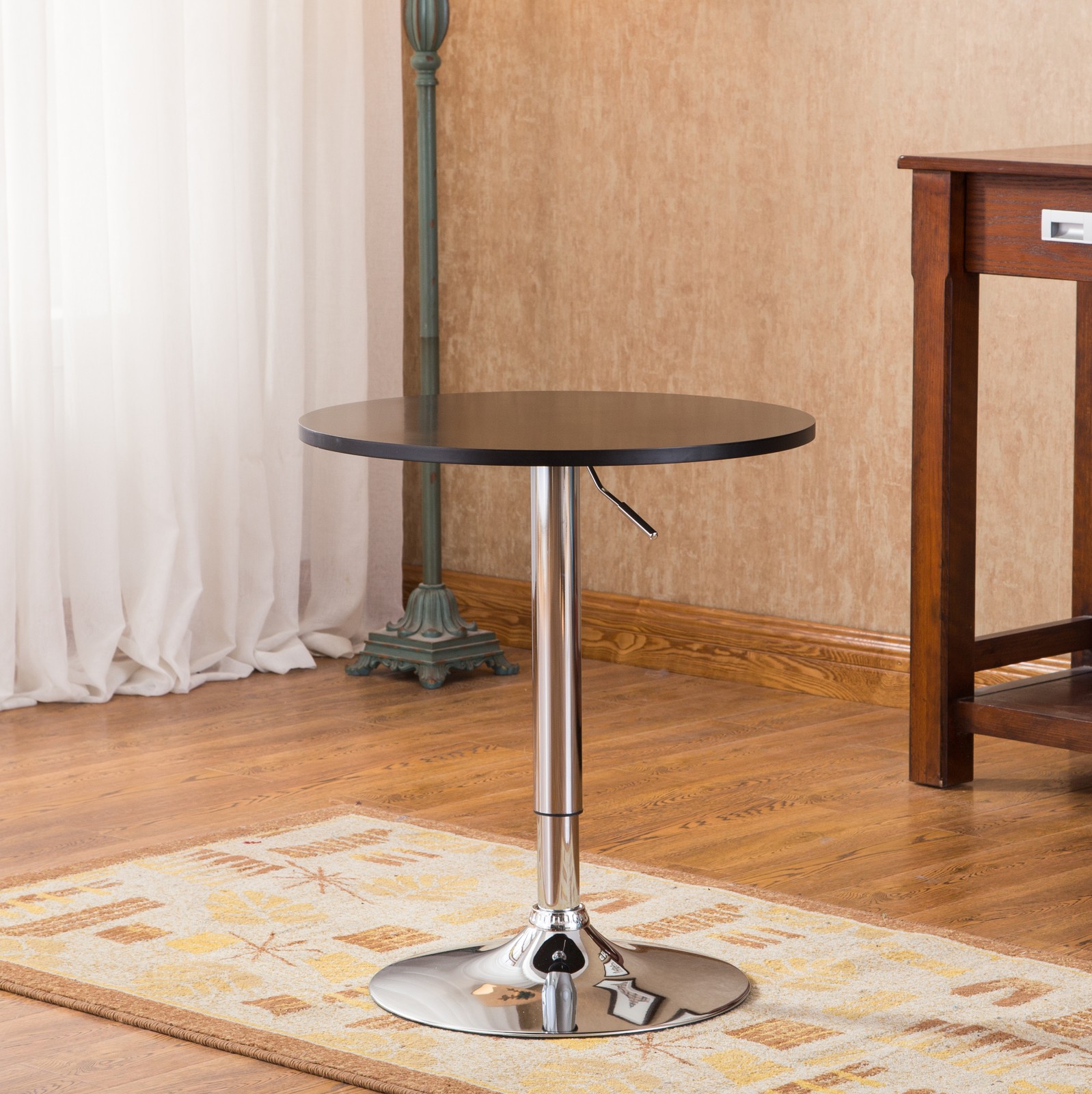 Adjustable black rod table, chrome metal cylinder and base, MDF + metal