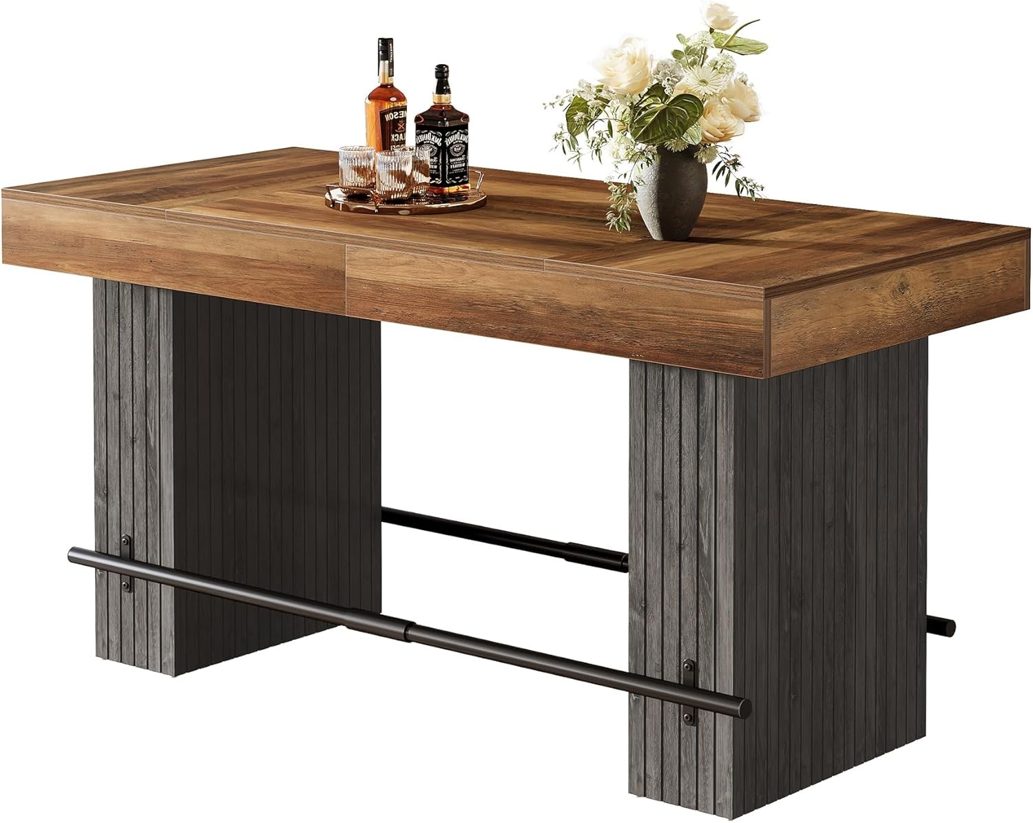 62.2 Inch Bar Table, Industrial Counter Height Pub Table with Metal Footrest