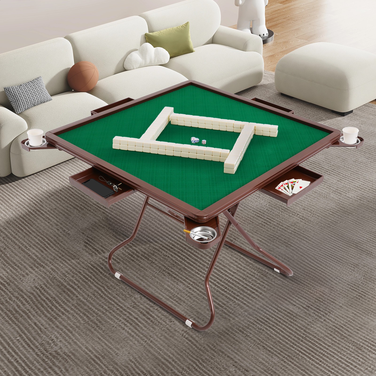Portable Foldable Mahjong Table With 4 Cup Holders & 4 Drawers For 4 People