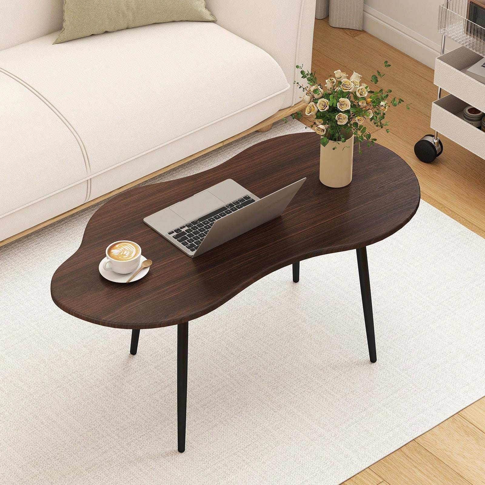 39″ Cloud Shape Coffee Table Irregular Center Table Metal Legs Walnut Wood