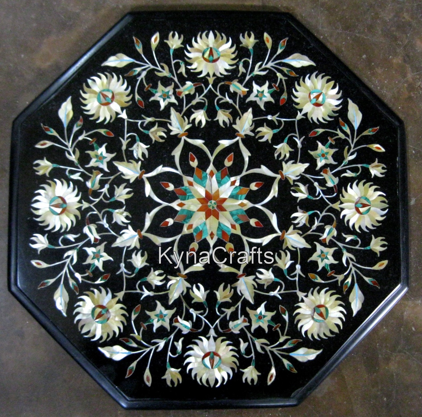 Shiny Gemstones Inlay Side Table | 15 x 15 Inches Black Marble Coffee Table Top