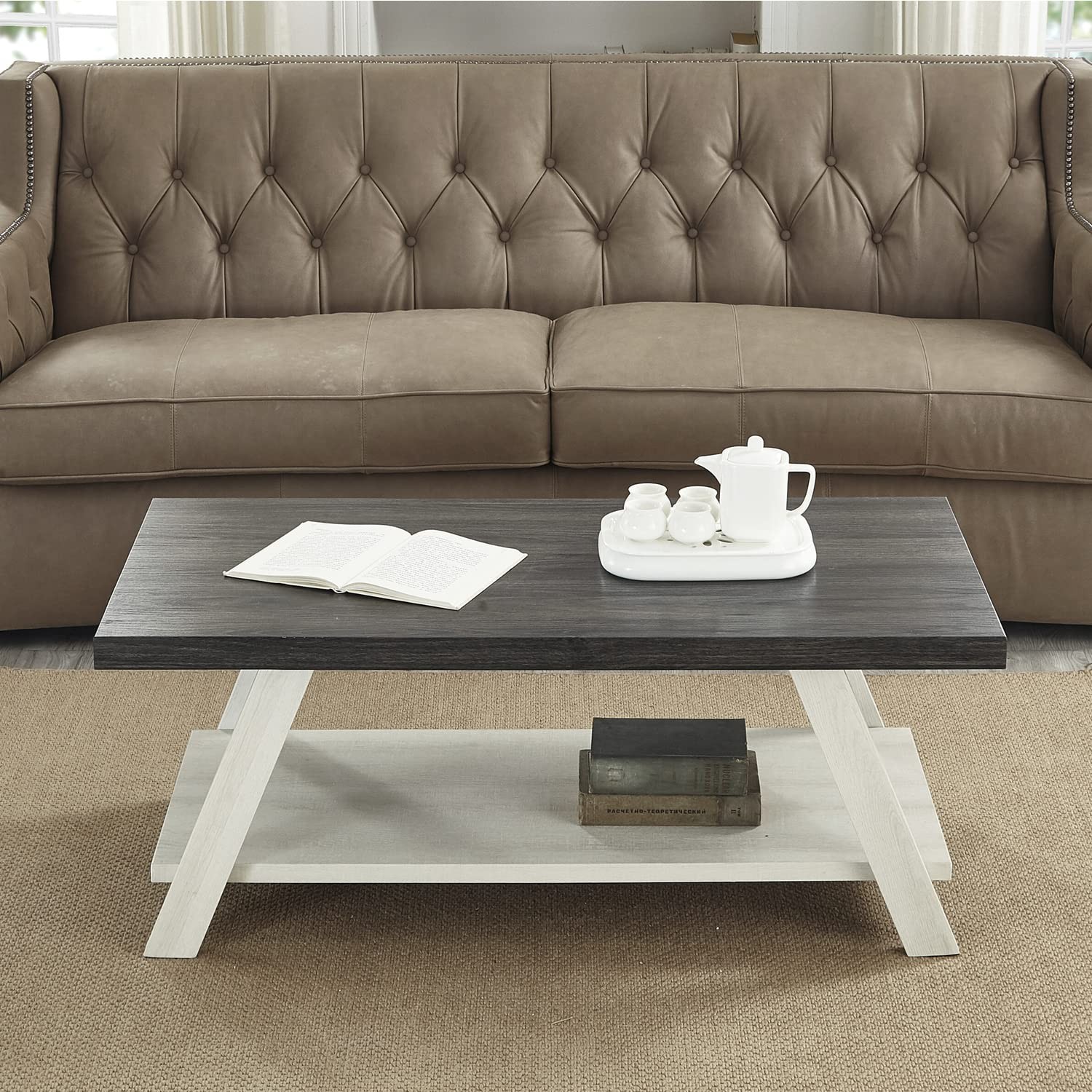Roundhill Furniture Athens Contemporary Wood Shelf Coffee Table, Weathered Charc