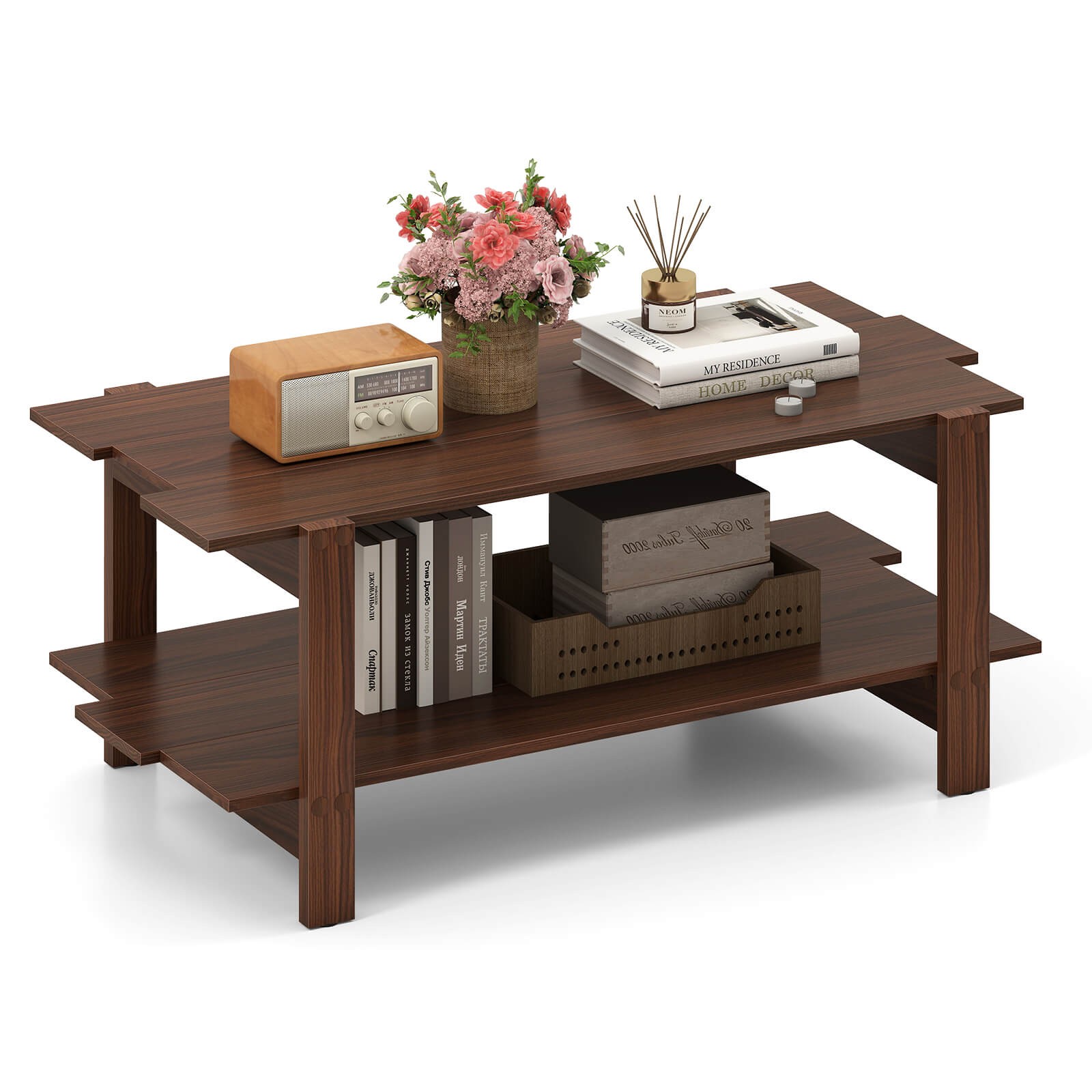 2-Tier Coffee Table Irregular Center Table w/ Open Storage Shelf Cocktail Table