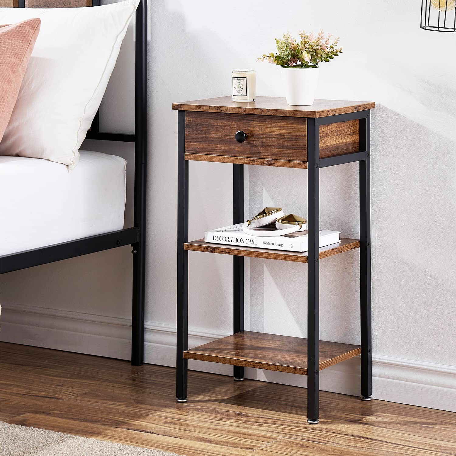 VECELO Versatile Side End Table 27.6” Tall Nightstand with Storage Shelves and D