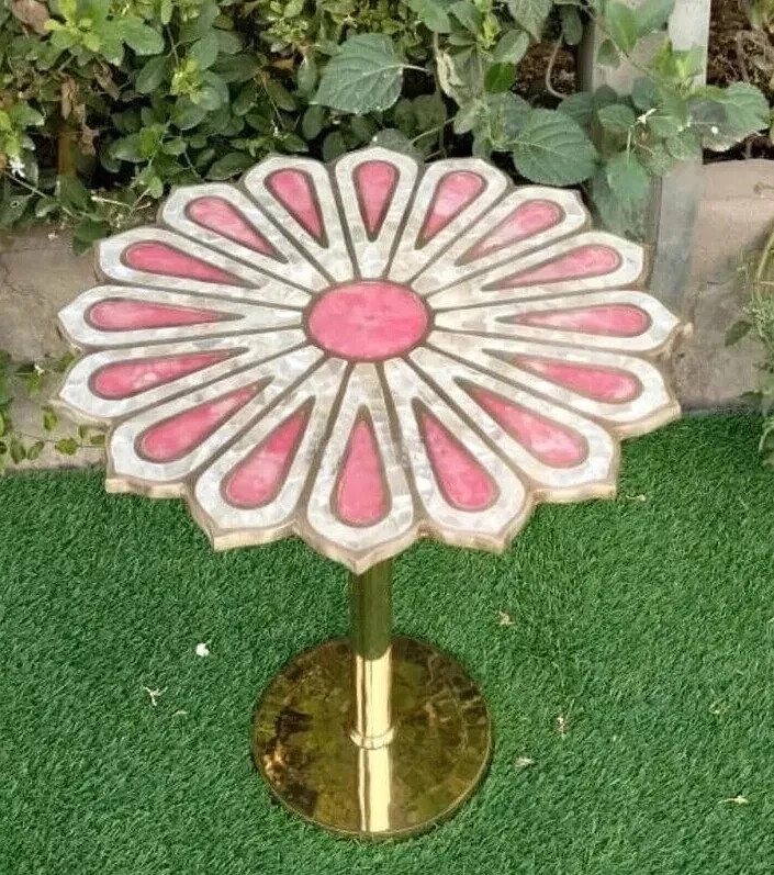 18″ Flower Rose Quartz And Mother Of Pearl Coffee Table Top, (No Brass Work)