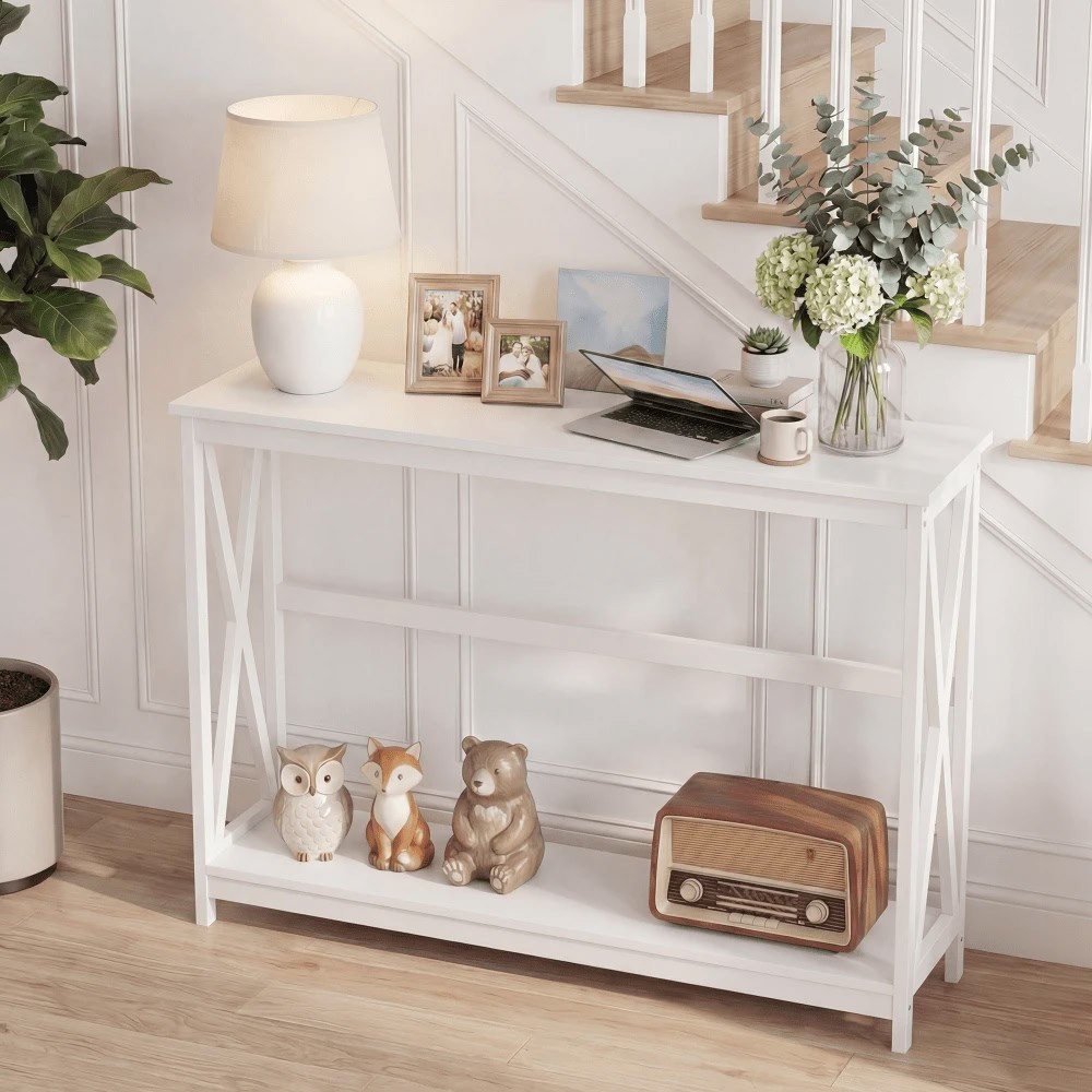 40 in / Console Table / 2 Tier / Entryway Table / Wood / Metal X Frame。