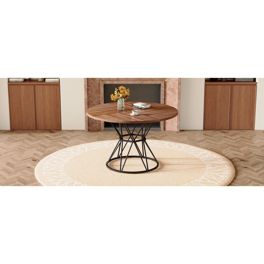 47.3″ Circular Dining Table, Walnut MDF Top, Black Hourglass Metal Base, for 4-6
