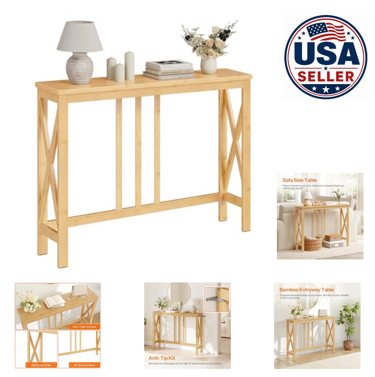 Narrow Console Table 39.4 Inch Bamboo Sofa Table Entryway Behind Couch Hallway