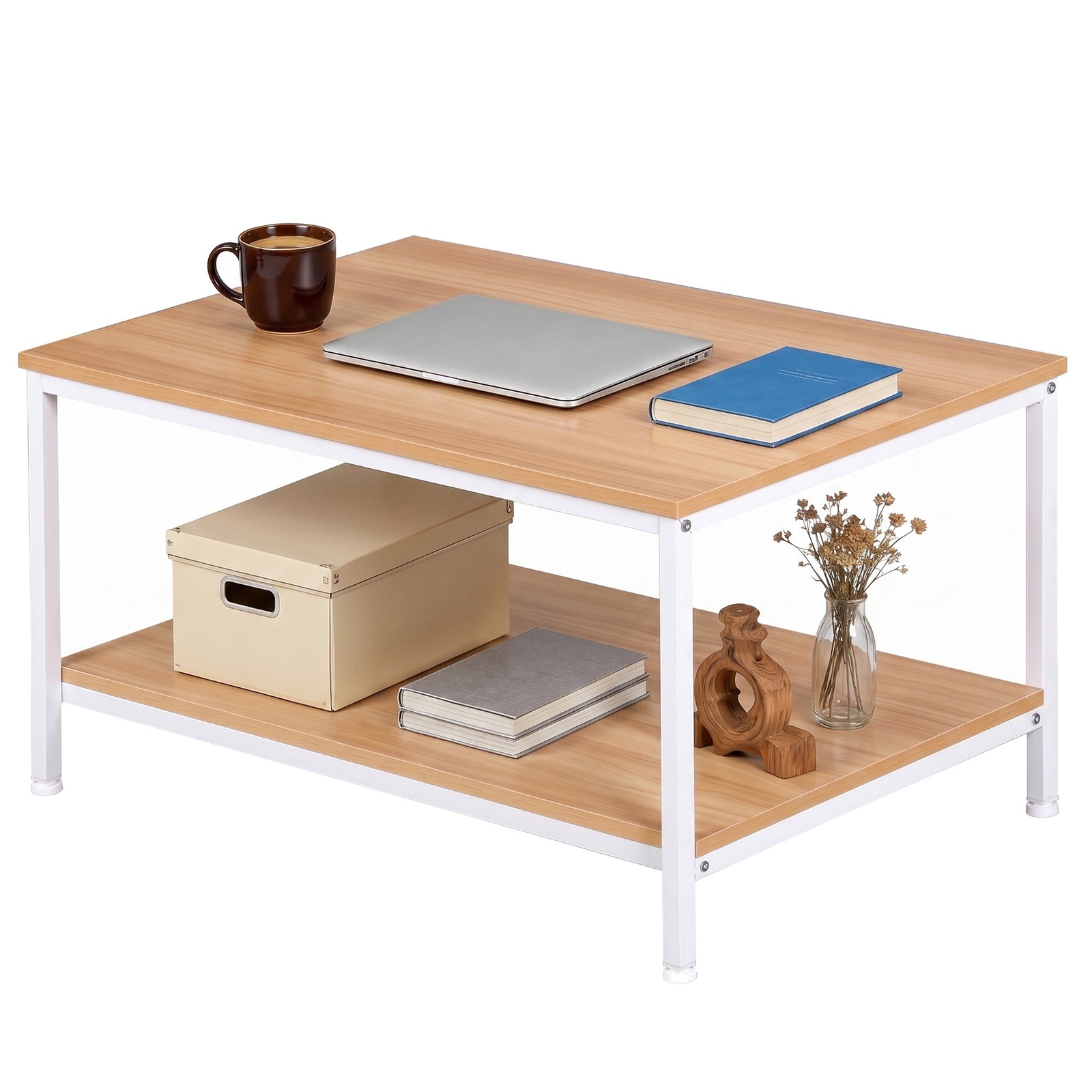 2-Tier Rectangular Coffee Table MDF Side End Table with Metal Frame Light Oak