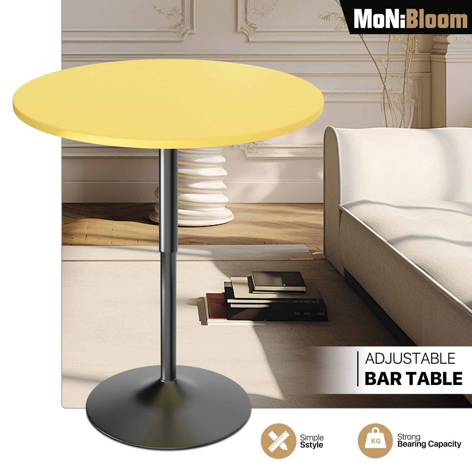 Yellow Wooden Round Bar Table Adjustable Height Tabletop Chrome Base Pub Kitchen