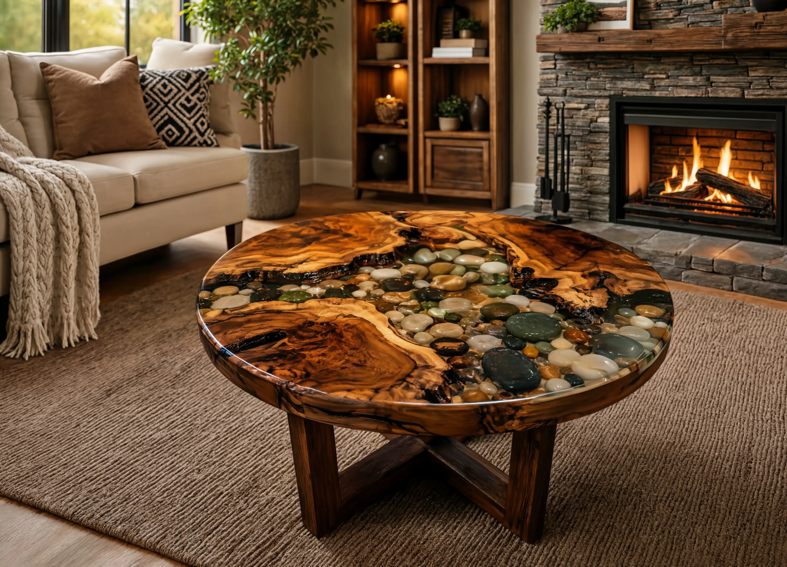 Clear Epoxy Walnut Wood Coffee Table | Handmade Live Edge Resin Table Furniture