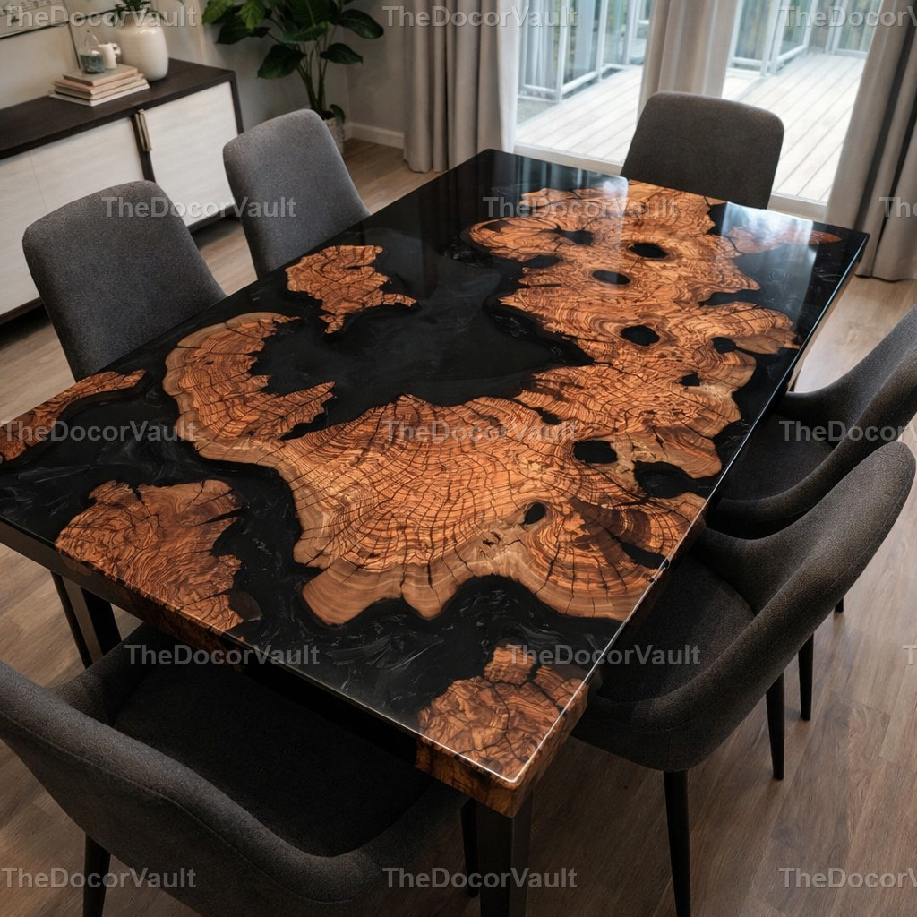 Handmade Live Edge Olive Wood dining tabletop Black Epoxy River Dining TableTop