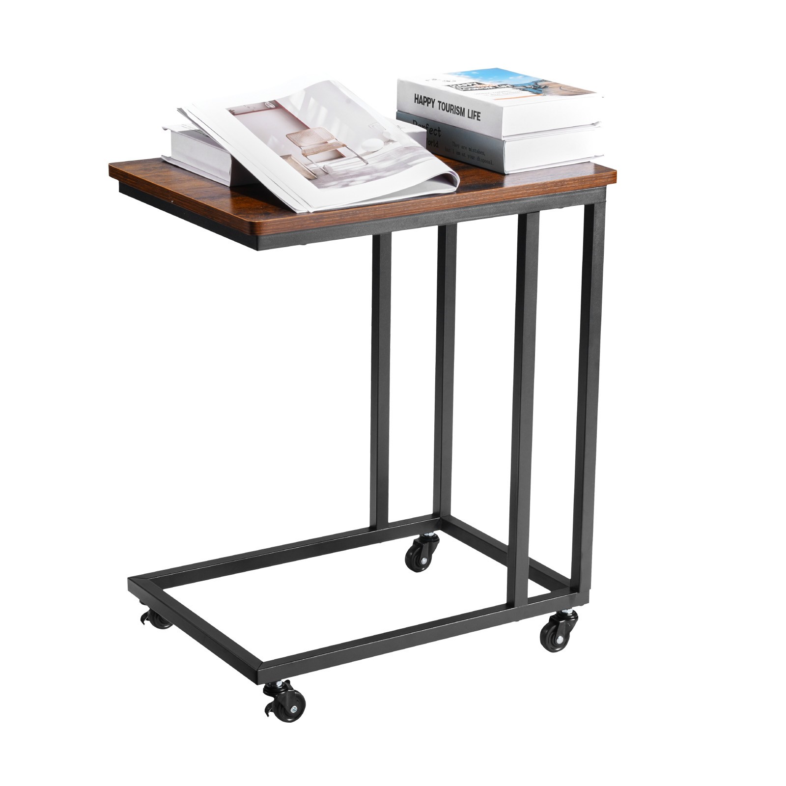 Uimoso C-Shaped Side Table with Metal Frame and Rolling Wheels for Sofa or Bed