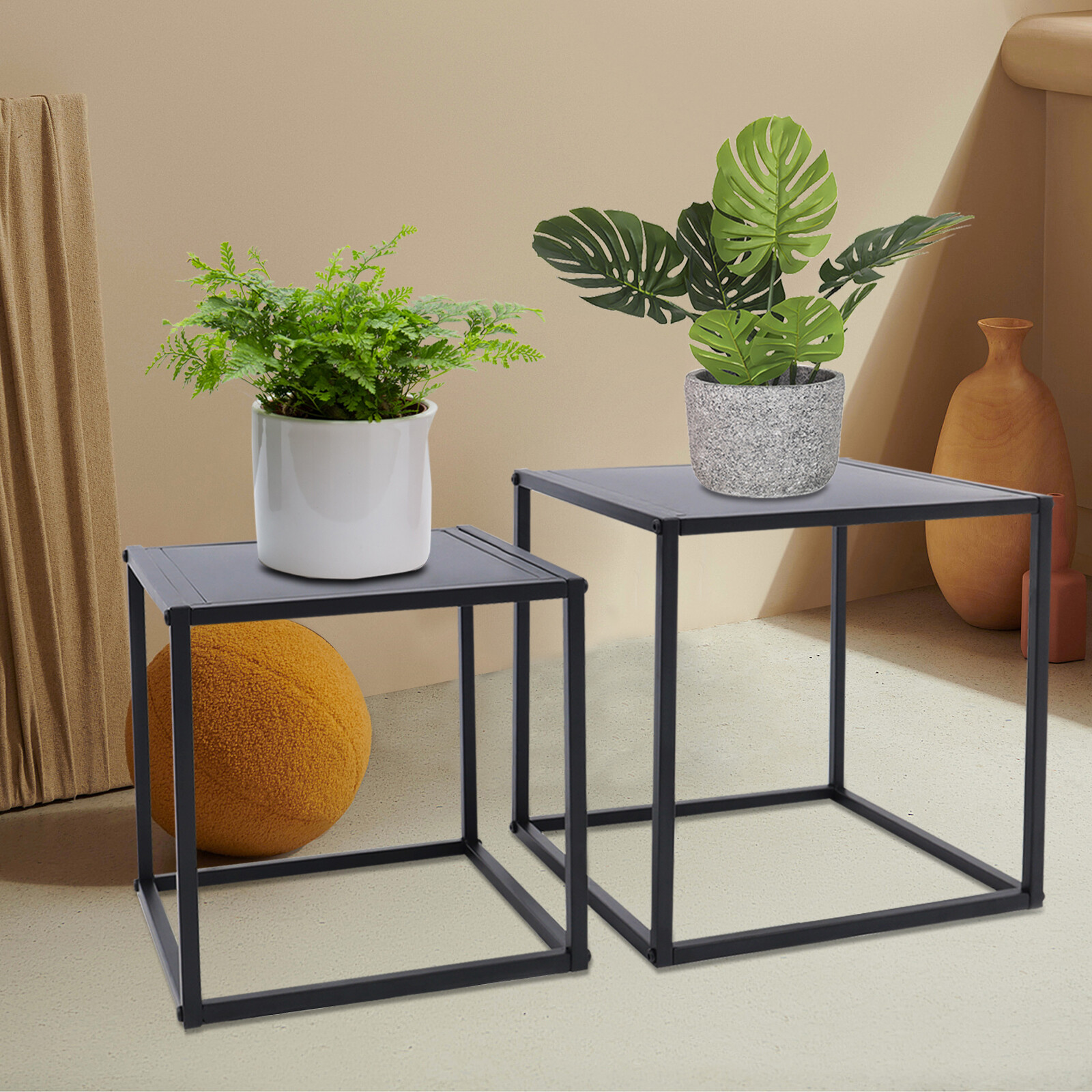 2PC Square Modern Metal Coffee Table End Table Side Table Matt Black Home Office