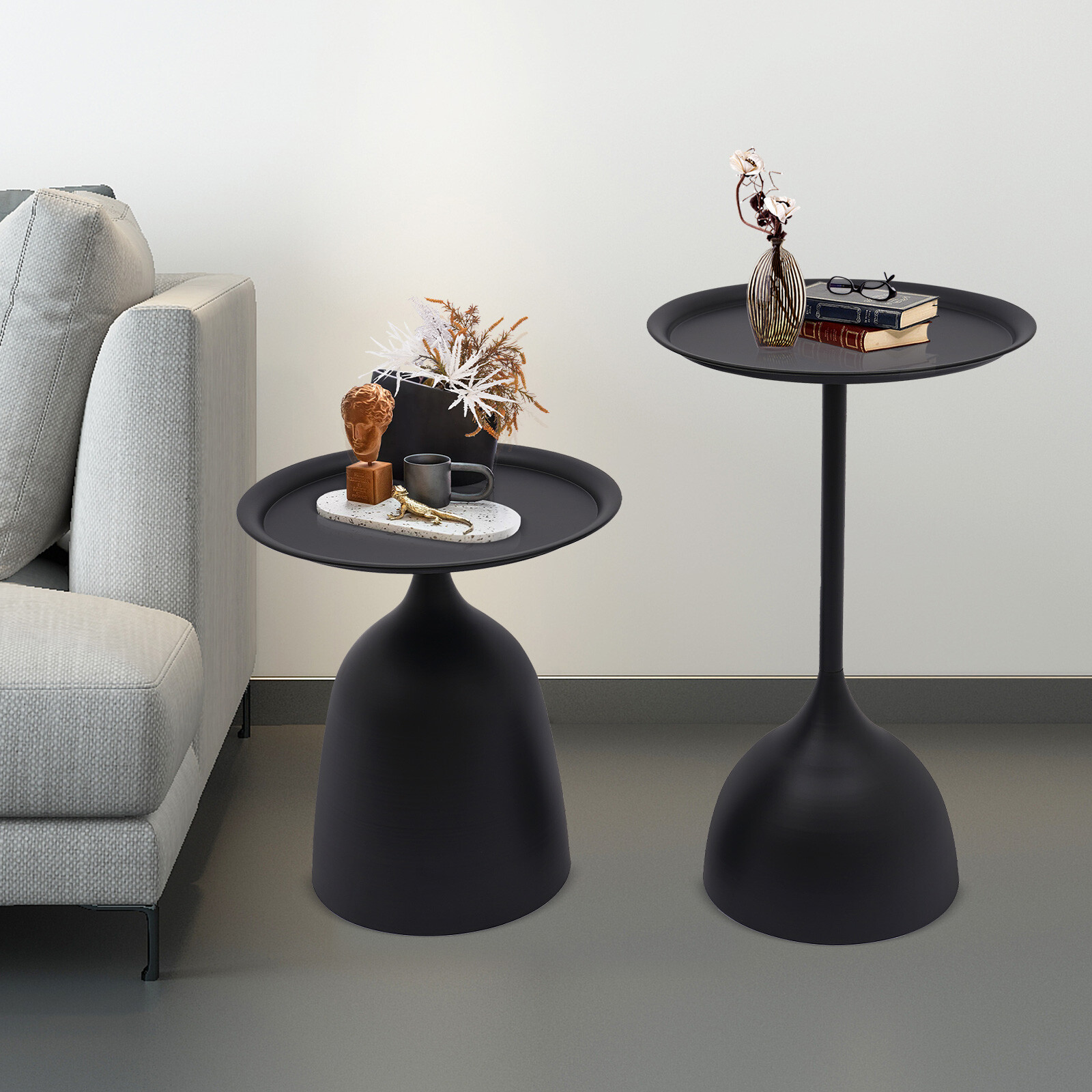 Matte Black 2-Piece Round Iron Side Table Set 23.6″ & 16.9″ For Living Room
