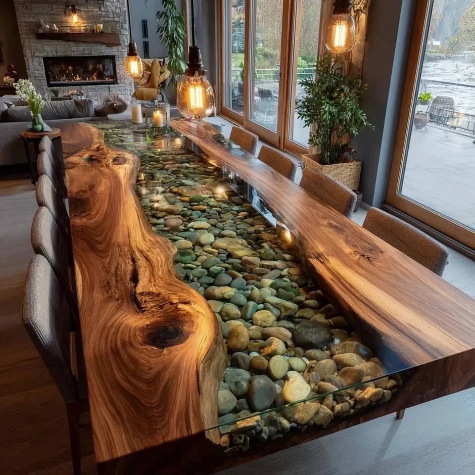 Handmade Live Edge Epoxy Dining Table, Custom Resin River Table