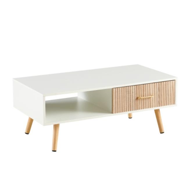 Contemporary White Coffee Table Wooden Legs Sliding Storage Drawer for Lounge US