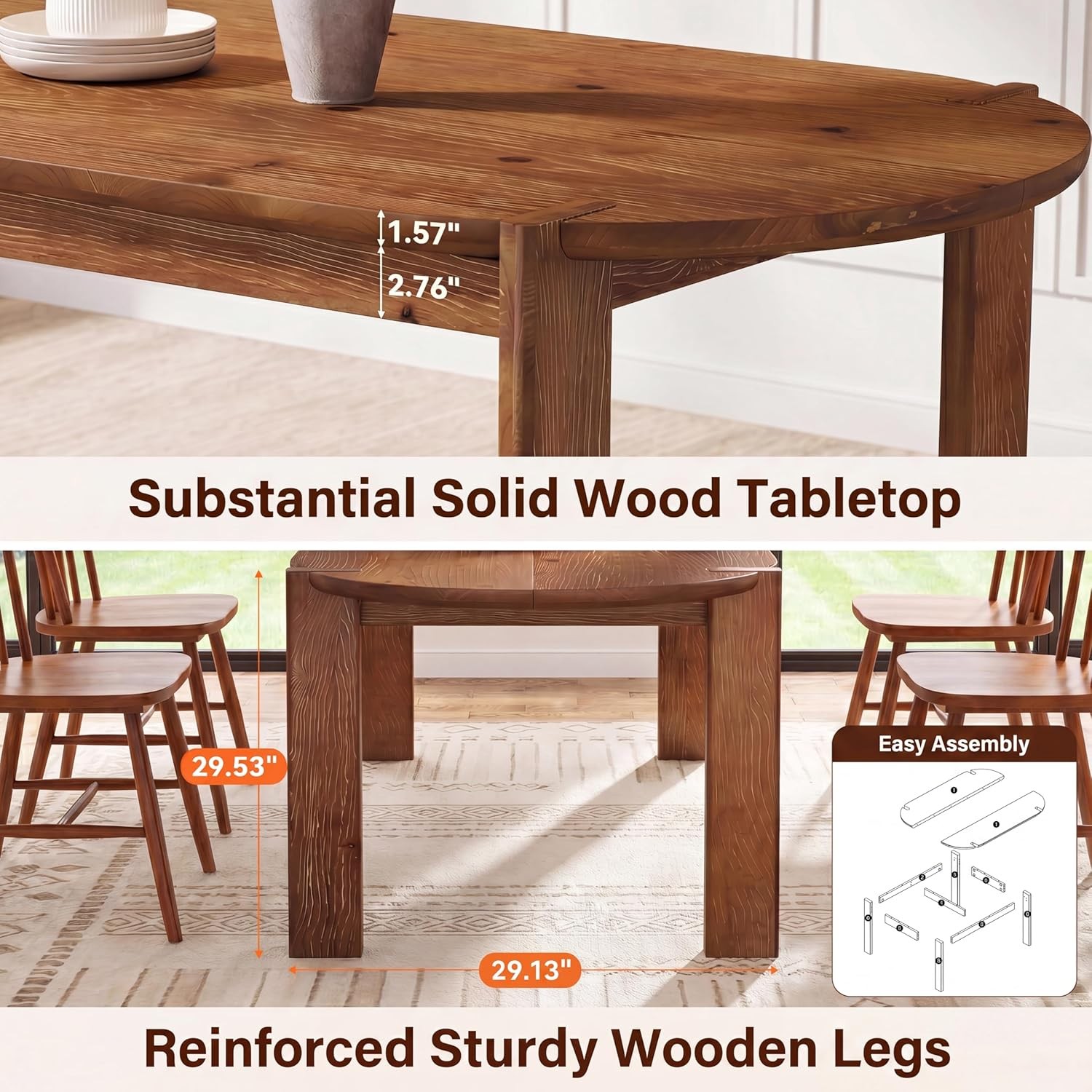 63″ Solid Wood Oval Dining Table for 4-6, Rustic Kitchen Table for Dining Room