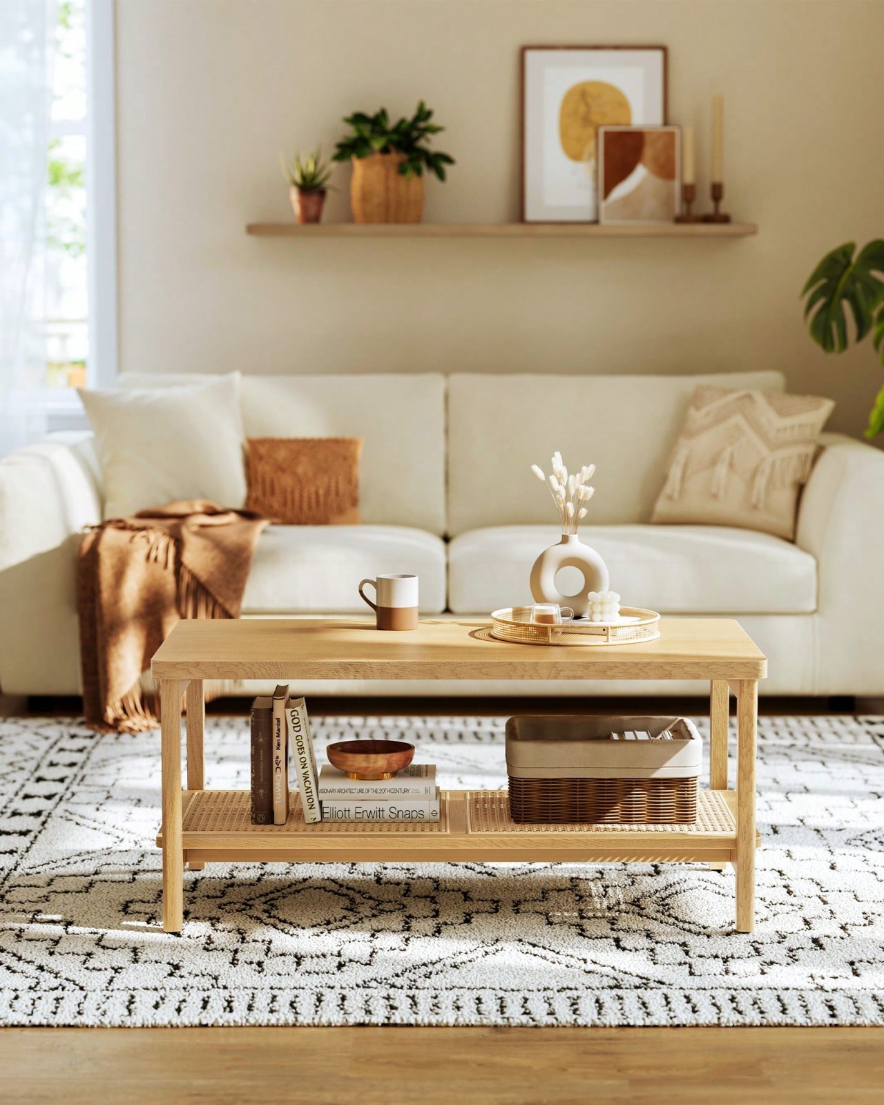 VASAGLE 2-Tier Rectangular Coffee Table Boho Style with PVC Rattan Storage Shelf